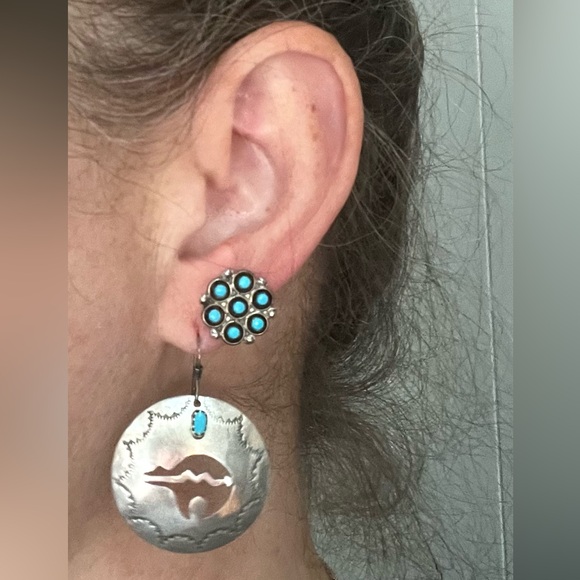 Native American Jewelry - Vintage Native American Bear & Spirit Line Turquoise Sterling Silver Earrings